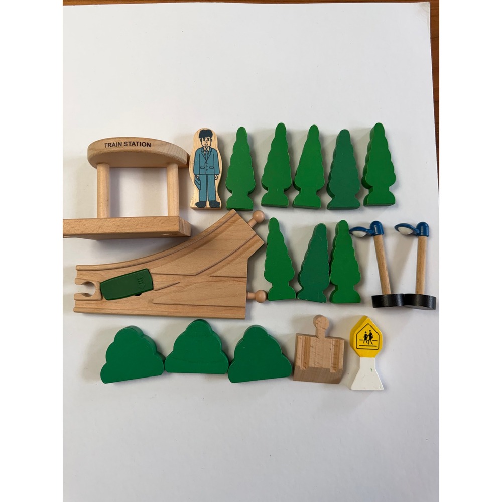 Assortment of Wooden Train  Accessories Track Signs Trees Green Brown